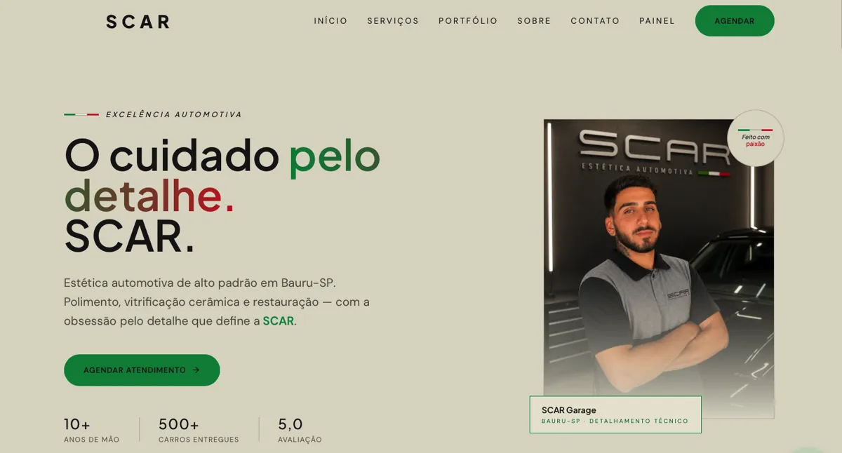 Site da SCAR Garage · estética automotiva